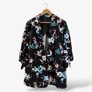 Lane Bryant Black Floral Blazer Size 22/24 3/4 Tie Sleeve Blue White Casual